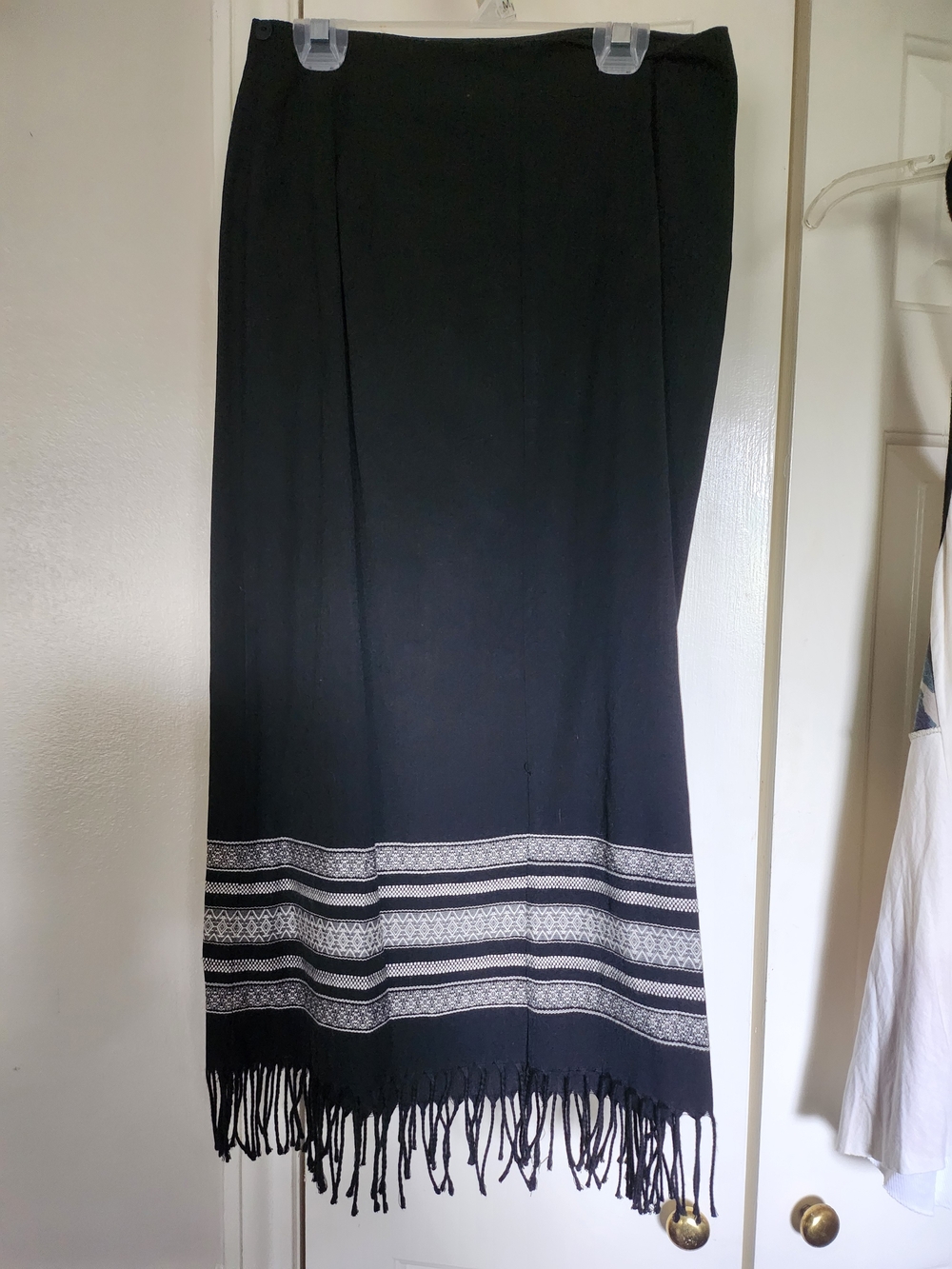 Coldwater Creek Black Maxi Skirt with Fringe and Woven Stripe Detail